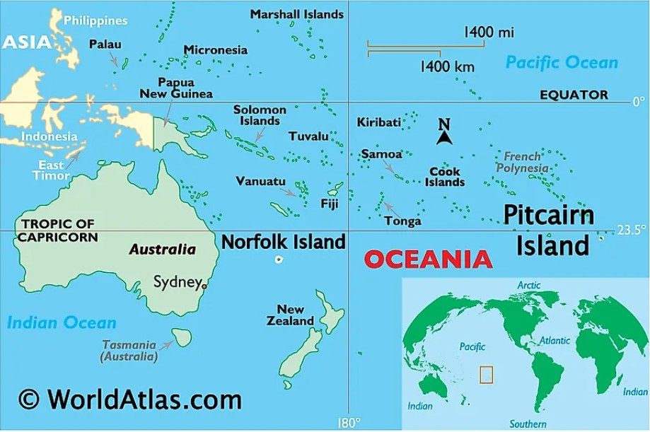 Map showing the location of Pitcairn Island in Oceania within the South Pacific, highlighted among nearby island nations and Australia